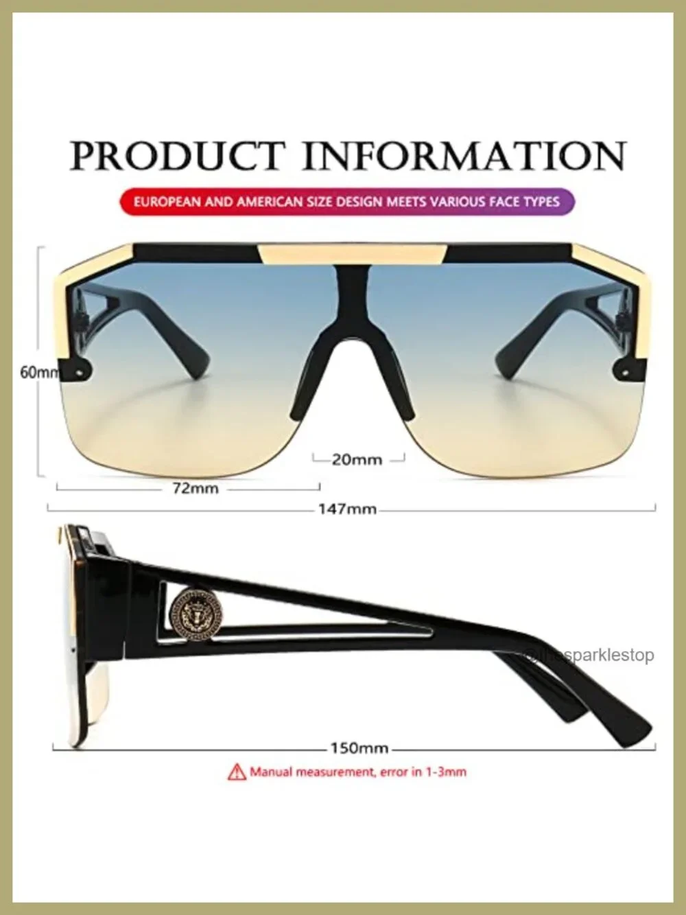 Vintage Oversized Square Shield Sunglasses Metal Frame Unisex Retro UV